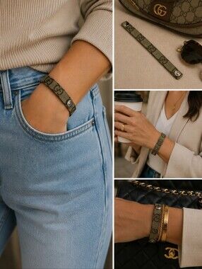 Upcycled Bracelet - Made With AUTHENTIC GUCCI CANVAS With Silver Hardware